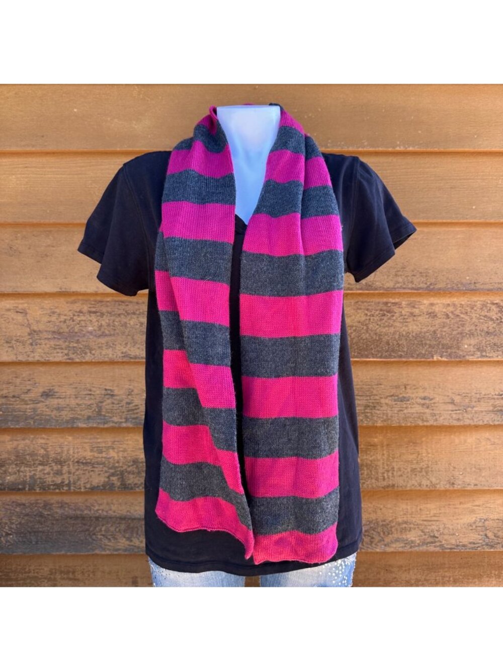 Pink & Gray Striped Knit Scarf - Soft & Warm For Women